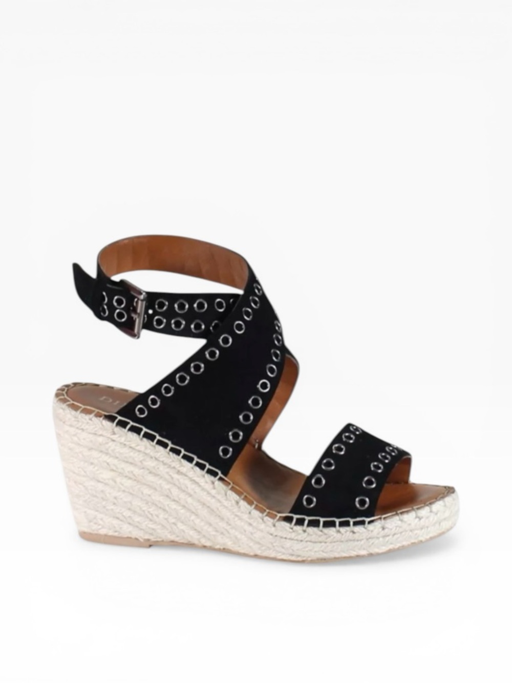 Diba True Gardenia Black Suede Grommet Detail Wedge Espadrille Sandal Sz 7.5